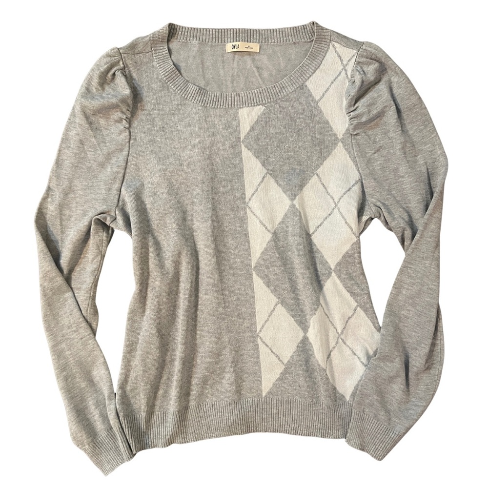 Gray Argyle Knit Sweater with Silver Sparkle – Size M (OVLA)